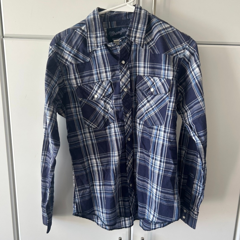 Wrangler Western Shirt Boys XL 14-16 Blue Plaid Pearl Snap Long Sleeve 201WAAL
